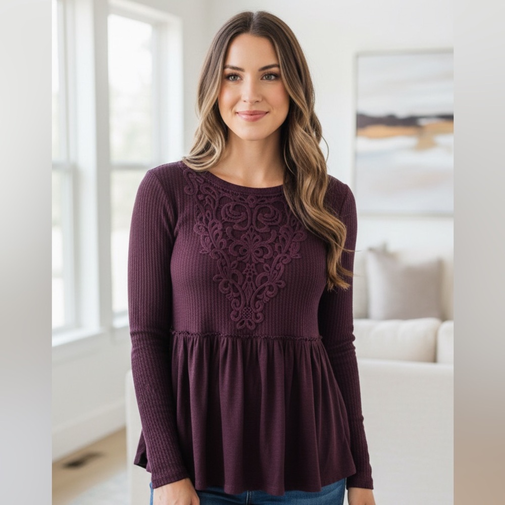 Boho‎ Chic Deep Waffle Knit Mixed Media Babdoll Top with Lace Bib - Plum - Small